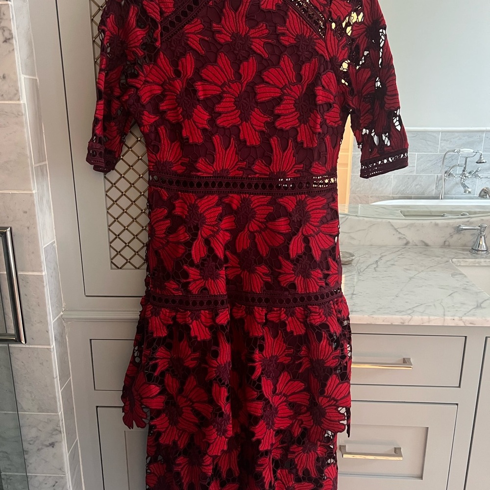 Red and Black Asymmetrical Sheath Dress with Raglan Sleeves